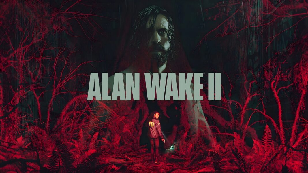 Logo Alan Wake 2 devant le héros principal et une forât rouge oppressante