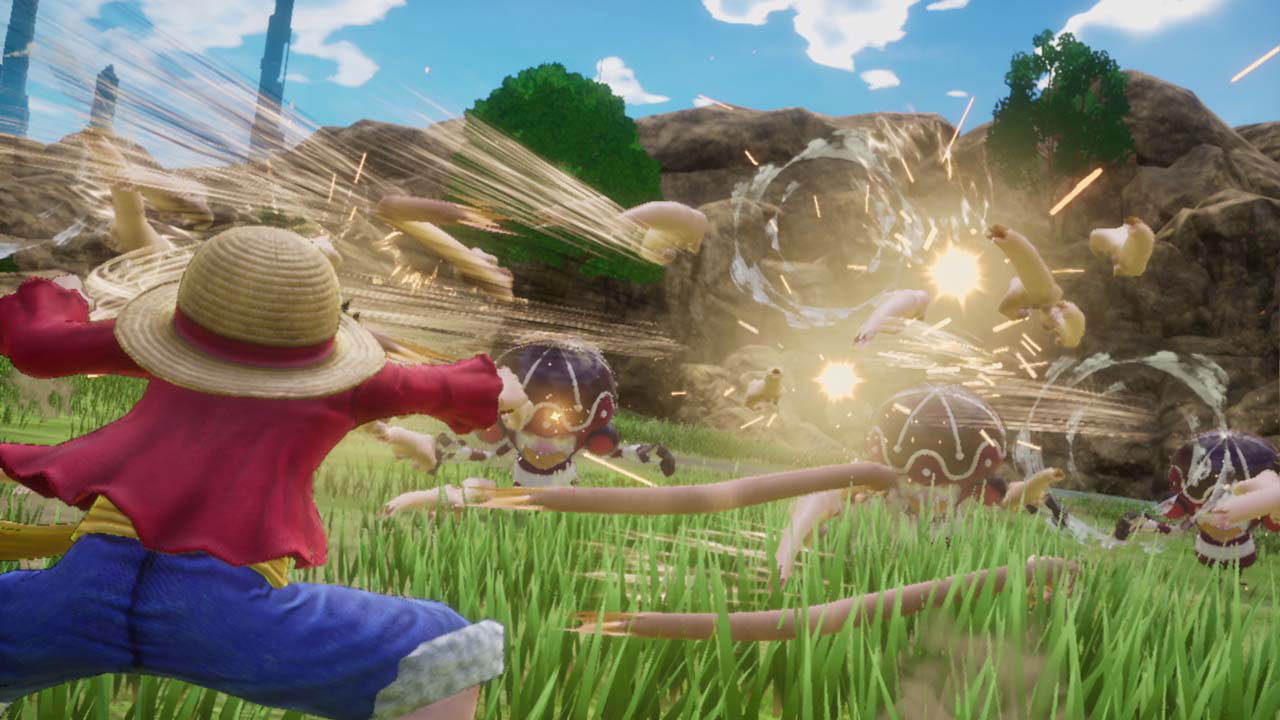 Luffy combattant ses ennemis avec ses bras extensibles dans One Piece Odyssey