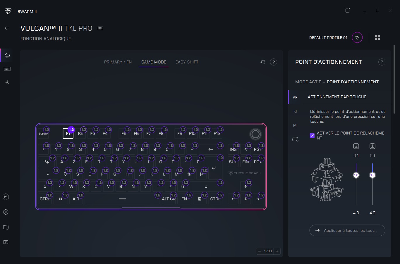 On peut régler le point d'activation des touches du clavier Vulcan 2 TKL Pro de Turtle Beach