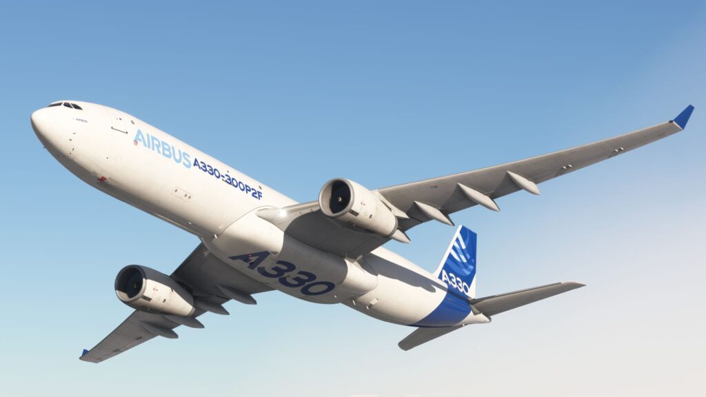 Image de Microsoft Flight Simulator 2024 avec un Airbus A330 en vol, capturant les détails réalistes de l'avion et des paysages environnants, mettant en avant les performances graphiques et les améliorations de la simulation.