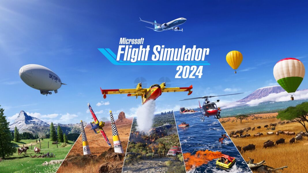 Artwork de Microsoft Flight Simulator 2024 illustrant un avion survolant des paysages détaillés, représentant les améliorations graphiques et la richesse de l’environnement du jeu.