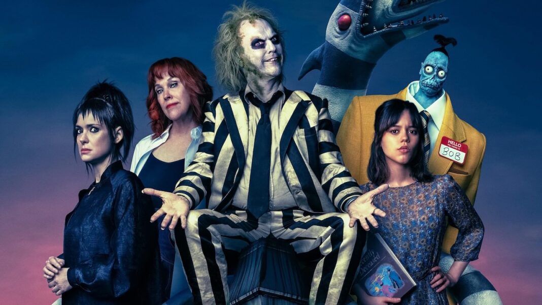 Affiche officielle de Beetlejuice 2 avec Michael Keaton, Jenna Ortega et le reste du casting, symbolisant le retour du célèbre fantôme déjanté.