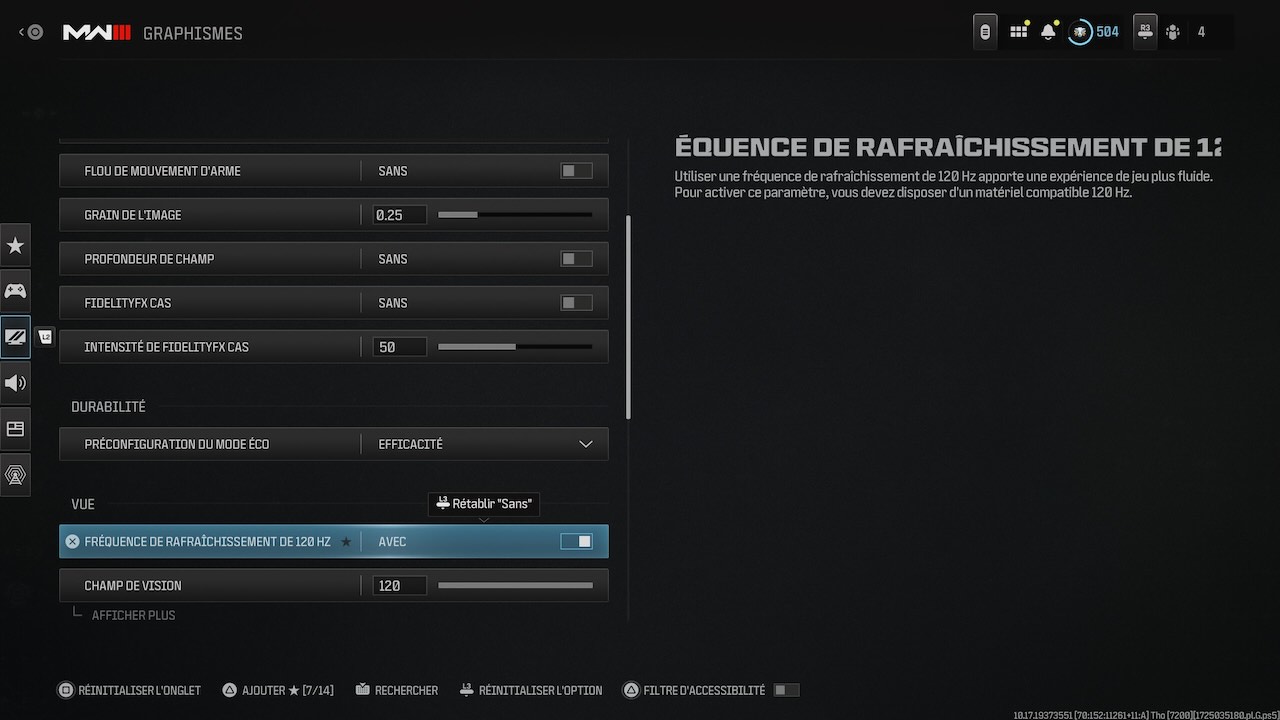 Voici le menu permettant d'activer le mode 120 FPS sur Black Ops 6