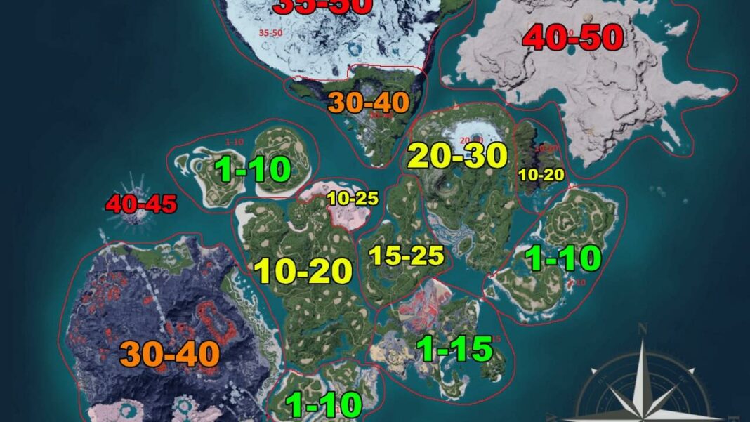 Carte interactive de Palworld affichant les biomes, les points d'intérêt, les ressources rares et les emplacements des créatures Pals.