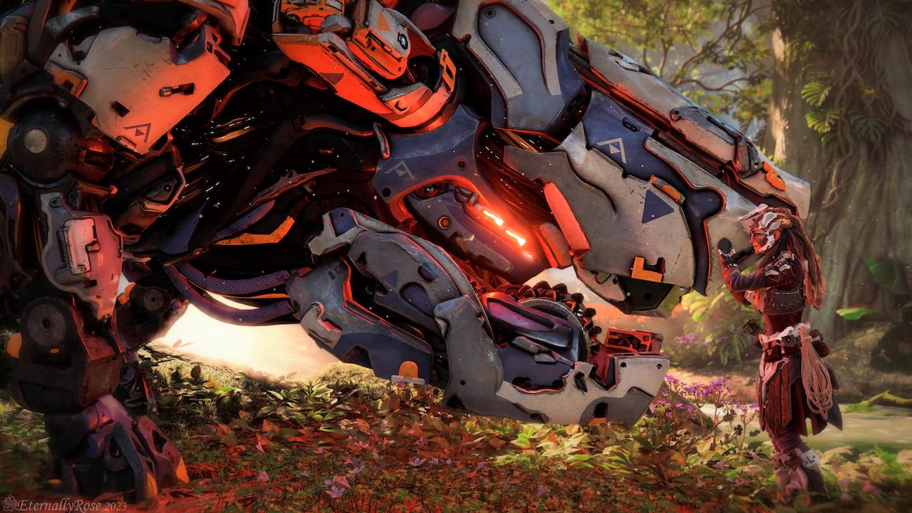 Image d'un Béhémoth dans Horizon Zero Dawn, massive machine avec des capacités de charge destructrices et une armure résistante.