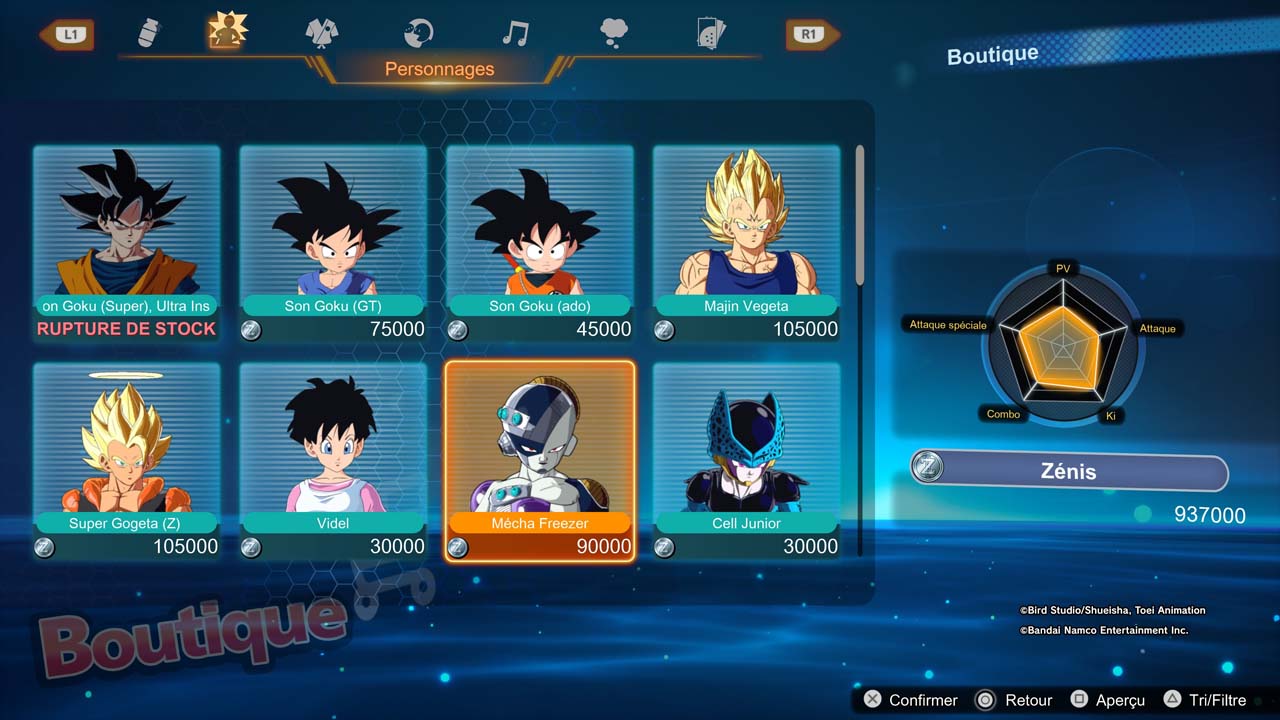 La boutique de Dragon Ball Sparking Zero comprend des personnages mais aussi d'autres items importants.