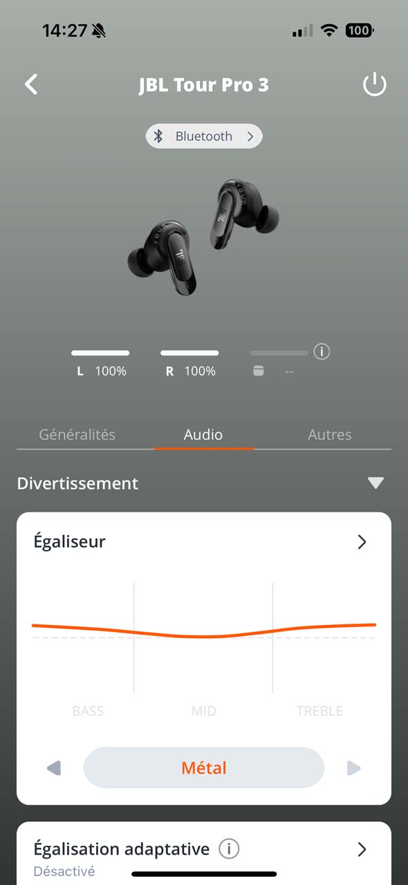 Interface de l'application mobile JBL avec les Tour Pro 3 (1)