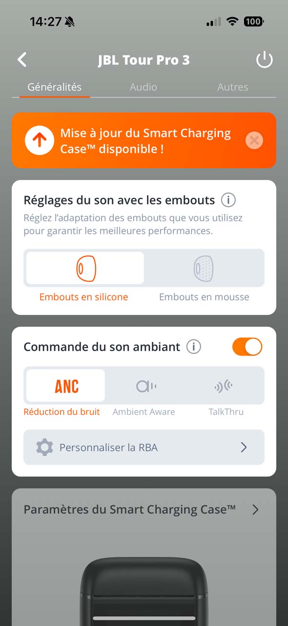 Interface de l'application mobile JBL avec les Tour Pro 3 (3)