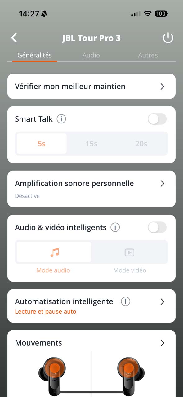 Interface de l'application mobile JBL avec les Tour Pro 3 (2)