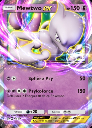 Mewtwo EX, imposant, entouré d’une aura psy violette, levitant avec une expression de force et d’autorité, prêt à lancer Psyko-Drive