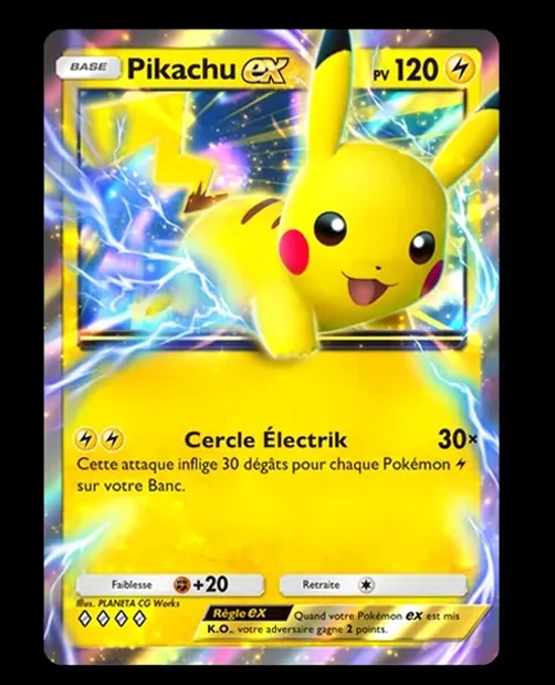 Pikachu EX prêt à bondir, entouré d’étincelles, avec un regard déterminé, tenant une attaque électrique dans une ambiance de combat